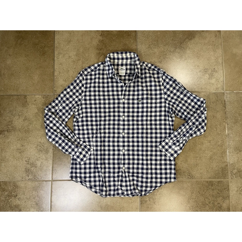 LACOSTE Regular Fit Blue Plaid Button Up Mens SIZE 40 M Long Sleeve Gingham